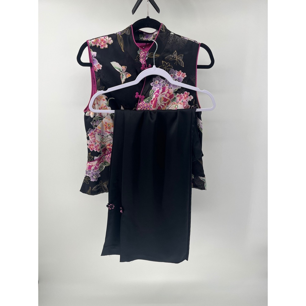 Citrine‎ Silk 2 Piece Set Womens 12 Floral Butterfly Mandarin Top Wide Leg Pants